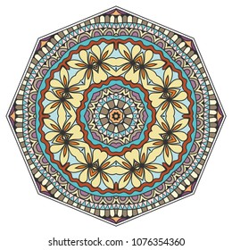 Mandala geometric ornament, hand drawn ethnic motif, isolated design element on a white background. Vector stylized floral pattern for paper, textile, cloth fabric print, interior, ceramic decoration