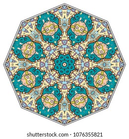 Mandala geometric ornament, hand drawn ethnic motif, isolated design element on a white background. Vector stylized floral pattern for paper, textile, cloth fabric print, interior, ceramic decoration