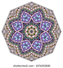 Mandala geometric ornament, hand drawn ethnic motif, isolated design element on a white background. Vector stylized floral pattern for paper, textile, cloth fabric print, interior, ceramic decoration