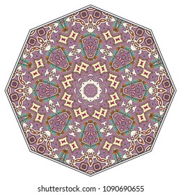 Mandala geometric ornament, hand drawn ethnic motif, isolated design element on a white background. Vector stylized floral pattern for paper, textile, cloth fabric print, interior, ceramic decoration
