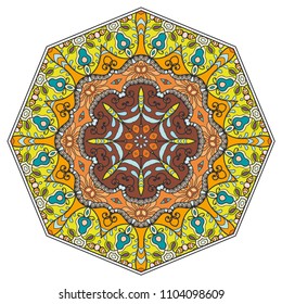 Mandala geometric ornament, hand drawn ethnic motif, isolated design element on a white background. Vector stylized floral pattern for paper, textile, cloth fabric print, interior, ceramic decoration