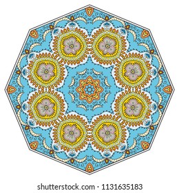 Mandala geometric ornament, hand drawn ethnic motif, isolated design element on a white background. Vector stylized floral pattern for paper, textile, cloth fabric print, interior, ceramic decoration