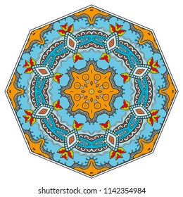 Mandala geometric ornament, hand drawn ethnic motif, isolated design element on a white background. Vector stylized floral pattern for paper, textile, cloth fabric print, interior, ceramic decoration