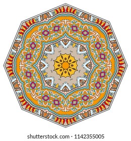 Mandala geometric ornament, hand drawn ethnic motif, isolated design element on a white background. Vector stylized floral pattern for paper, textile, cloth fabric print, interior, ceramic decoration
