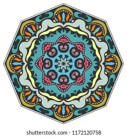 Mandala geometric ornament, hand drawn ethnic motif, isolated design element on a white background. Vector stylized floral pattern for paper, textile, cloth fabric print, interior, ceramic decoration