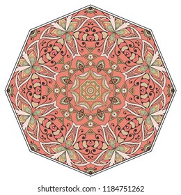 Mandala geometric ornament, hand drawn ethnic motif, isolated design element on a white background. Vector stylized floral pattern for paper, textile, cloth fabric print, interior, ceramic decoration