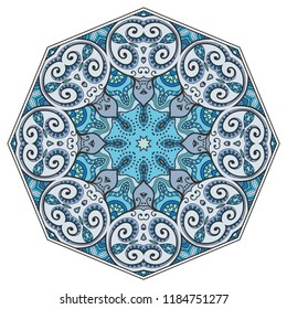 Mandala geometric ornament, hand drawn ethnic motif, isolated design element on a white background. Vector stylized floral pattern for paper, textile, cloth fabric print, interior, ceramic decoration