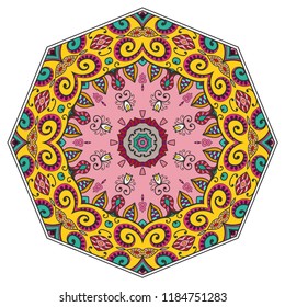 Mandala geometric ornament, hand drawn ethnic motif, isolated design element on a white background. Vector stylized floral pattern for paper, textile, cloth fabric print, interior, ceramic decoration