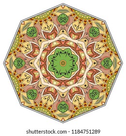 Mandala geometric ornament, hand drawn ethnic motif, isolated design element on a white background. Vector stylized floral pattern for paper, textile, cloth fabric print, interior, ceramic decoration