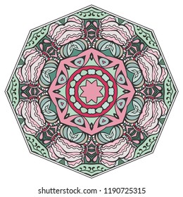 Mandala geometric ornament, hand drawn ethnic motif, isolated design element on a white background. Vector stylized floral pattern for paper, textile, cloth fabric print, interior, ceramic decoration