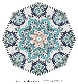 Mandala geometric ornament, hand drawn ethnic motif, isolated design element on a white background. Vector stylized floral pattern for paper, textile, cloth fabric print, interior, ceramic decoration
