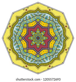 Mandala geometric ornament, hand drawn ethnic motif, isolated design element on a white background. Vector stylized floral pattern for paper, textile, cloth fabric print, interior, ceramic decoration