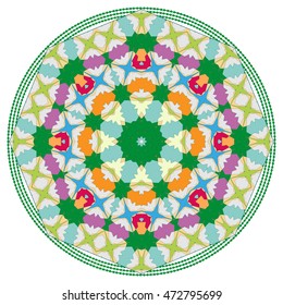 Mandala geometric round ornament. Isolated decorative design element on white background, floral circular pattern. Tribal ethnic motif, colorful vector illustration