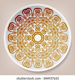 Mandala geometric round ornament on the plate, tribal ethnic arabic, indian pattern. Isolated element for your design, vector decorative background