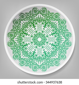 Mandala geometric round ornament on the plate, tribal ethnic arabic, indian pattern. Isolated element for your design, vector decorative background