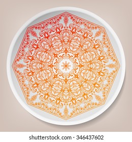 Mandala geometric round ornament on the plate, tribal ethnic arabic, indian pattern. Isolated element for your design, vector decorative background