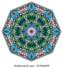 Mandala geometric round ornament, tribal ethnic arabic Indian motif, eight pointed circular abstract floral pattern. Hand drawn decorative vector design element 