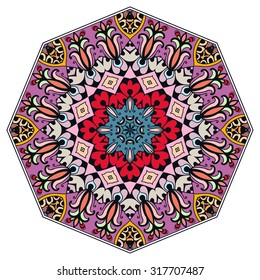 Mandala geometric round ornament, tribal ethnic arabic Indian motif, eight pointed circular abstract floral pattern. Hand drawn decorative vector design element 