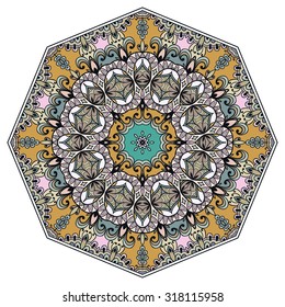 Mandala geometric round ornament, tribal ethnic arabic Indian motif, eight pointed circular abstract floral pattern. Hand drawn decorative vector design element 