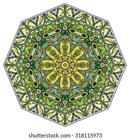 Mandala geometric round ornament, tribal ethnic arabic Indian motif, eight pointed circular abstract floral pattern. Hand drawn decorative vector design element 