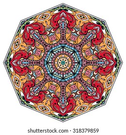 Mandala geometric round ornament, tribal ethnic arabic Indian motif, eight pointed circular abstract floral pattern. Hand drawn decorative vector design element 