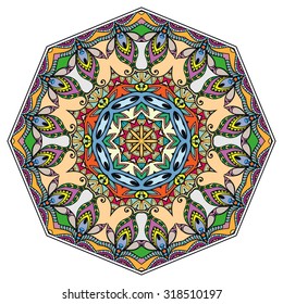 Mandala geometric round ornament, tribal ethnic arabic Indian motif, eight pointed circular abstract floral pattern. Hand drawn decorative vector design element 