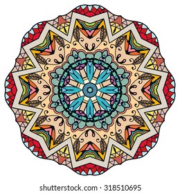 Mandala geometric round ornament, tribal ethnic arabic Indian motif, eight pointed circular abstract floral pattern. Hand drawn decorative vector design element 