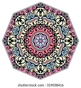 Mandala geometric round ornament, tribal ethnic arabic Indian motif, eight pointed circular abstract floral pattern. Hand drawn decorative vector design element 