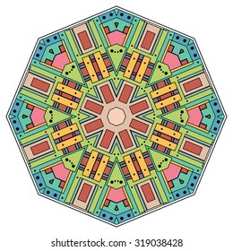 Mandala geometric round ornament, tribal ethnic arabic Indian motif, eight pointed circular abstract floral pattern. Hand drawn decorative vector design element 