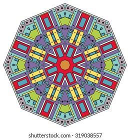 Mandala geometric round ornament, tribal ethnic arabic Indian motif, eight pointed circular abstract floral pattern. Hand drawn decorative vector design element 