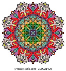 Mandala geometric round ornament, tribal ethnic arabic Indian motif, eight pointed circular abstract floral pattern. Hand drawn decorative vector design element 