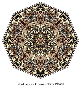 Mandala geometric round ornament, tribal ethnic arabic Indian motif, eight pointed circular abstract floral pattern. Hand drawn decorative vector design element 