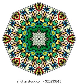 Mandala geometric round ornament, tribal ethnic arabic Indian motif, eight pointed circular abstract floral pattern. Hand drawn decorative vector design element 