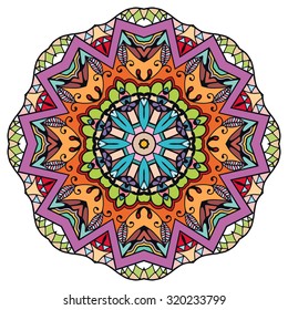 Mandala geometric round ornament, tribal ethnic arabic Indian motif, eight pointed circular abstract floral pattern. Hand drawn decorative vector design element 