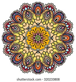Mandala geometric round ornament, tribal ethnic arabic Indian motif, eight pointed circular abstract floral pattern. Hand drawn decorative vector design element 