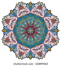 Mandala geometric round ornament, tribal ethnic arabic Indian motif, eight pointed circular abstract floral pattern. Hand drawn decorative vector design element 