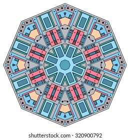 Mandala geometric round ornament, tribal ethnic arabic Indian motif, eight pointed circular abstract floral pattern. Hand drawn decorative vector design element 