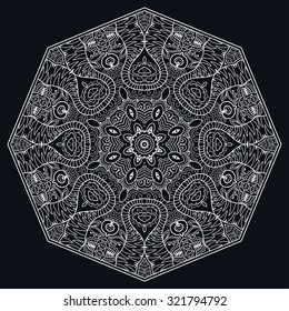 Mandala geometric round ornament, tribal ethnic arabic Indian motif, eight pointed circular abstract floral lace pattern. Hand drawn decorative vector design element 