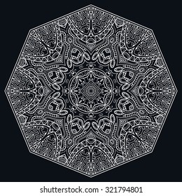 Mandala geometric round ornament, tribal ethnic arabic Indian motif, eight pointed circular abstract floral lace pattern. Hand drawn decorative vector design element 