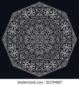 Mandala geometric round ornament, tribal ethnic arabic Indian motif, eight pointed circular abstract floral lace pattern. Hand drawn decorative vector design element 