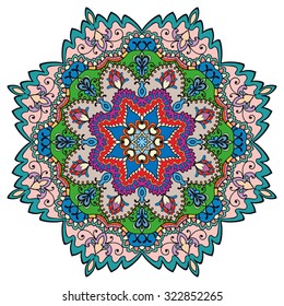 Mandala geometric round ornament, tribal ethnic arabic Indian motif, eight pointed circular abstract floral pattern. Hand drawn decorative vector design element 