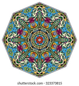 Mandala geometric round ornament, tribal ethnic arabic Indian motif, eight pointed circular abstract floral pattern. Hand drawn decorative vector design element 