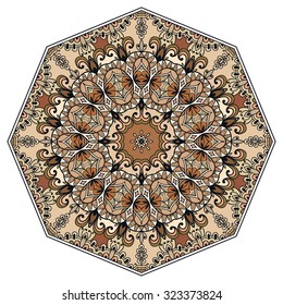 Mandala geometric round ornament, tribal ethnic arabic Indian motif, eight pointed circular abstract floral pattern. Hand drawn decorative vector design element 