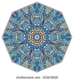 Mandala geometric round ornament, tribal ethnic arabic Indian motif, eight pointed circular abstract floral pattern. Hand drawn decorative vector design element 
