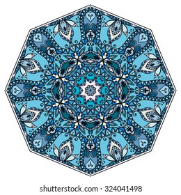 Mandala geometric round ornament, tribal ethnic arabic Indian motif, eight pointed circular abstract floral pattern. Hand drawn decorative vector design element 