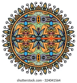 Mandala geometric round ornament, tribal ethnic arabic Indian motif, circular abstract floral pattern. Hand drawn decorative vector design element 