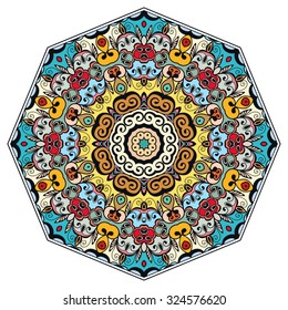 Mandala geometric round ornament, tribal ethnic arabic Indian motif, eight pointed circular abstract floral pattern. Hand drawn decorative vector design element 