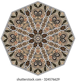 Mandala geometric round ornament, tribal ethnic arabic Indian motif, eight pointed circular abstract floral pattern. Hand drawn decorative vector design element 
