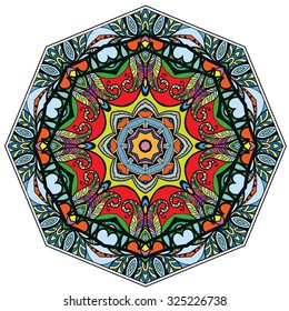 Mandala geometric round ornament, tribal ethnic arabic Indian motif, eight pointed circular abstract floral pattern. Hand drawn decorative vector design element 