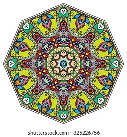 Mandala geometric round ornament, tribal ethnic arabic Indian motif, eight pointed circular abstract floral pattern. Hand drawn decorative vector design element 